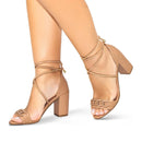 Sandália Amarração Salto Grosso Alto Blogueira Moda Corrente