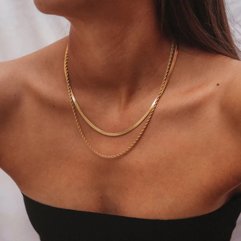Colar Duplo Malha + Cordão Baiano Banhado a Ouro 18K