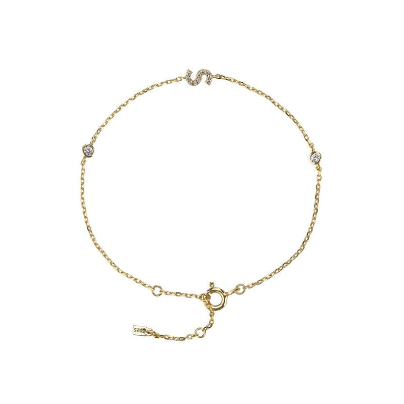 Pulseira com Letra em Zircônia em Prata 925 + Banho de Ouro 18k