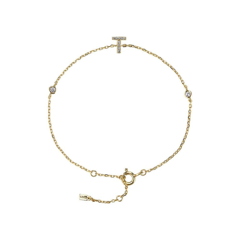 Pulseira com Letra em Zircônia em Prata 925 + Banho de Ouro 18k
