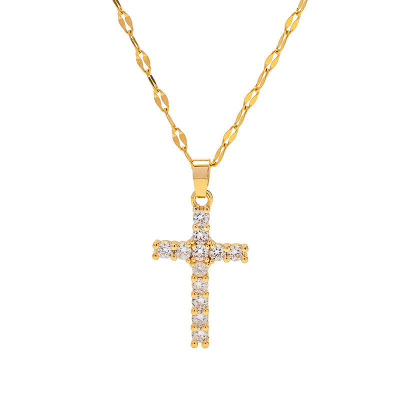 Colar Retrô Fé Cruz com Zircônias Banhado a Ouro 18K