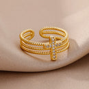 Anel Ajustável Triplo com Cruz em Zircônia