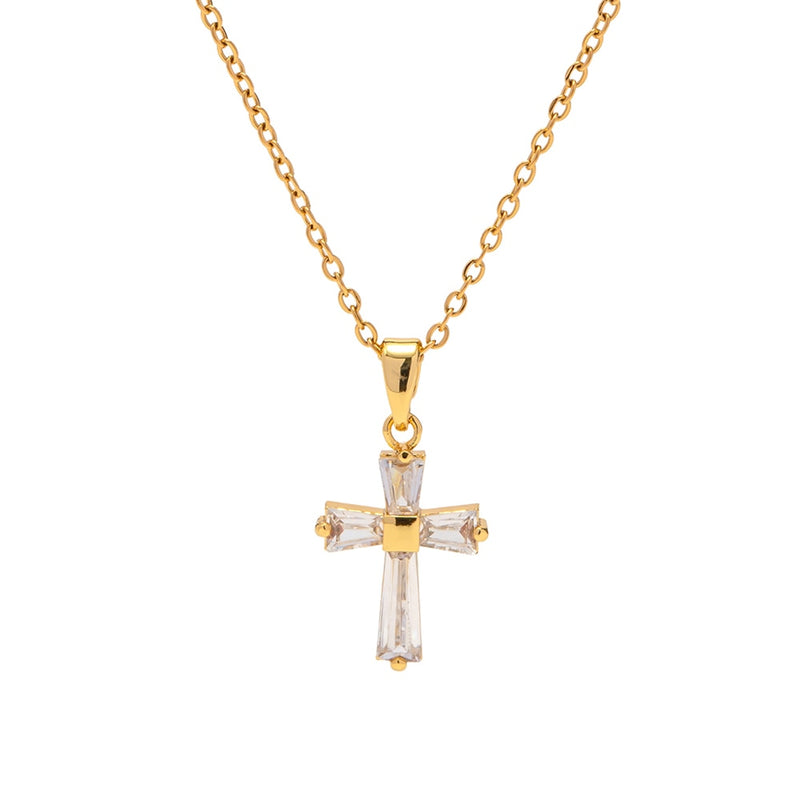 Colar Fé Cruz com Zircônia Baguete Banhado a Ouro 18K